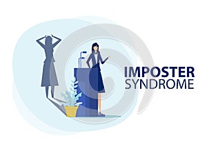 Imposter syndrome.woman standing for her present profile with fear shadow behind. Anxiety and lack of self confidence at work ,the