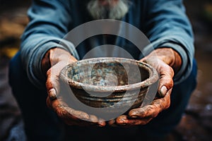 Impoverished hands cradle empty bowl, selective focus underlining hungers reality photo