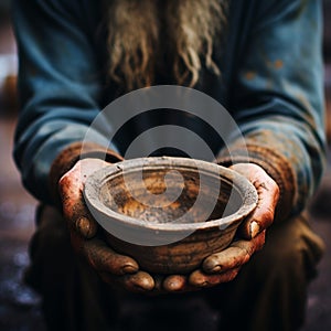 Impoverished hands cradle empty bowl, selective focus underlining hungers reality photo