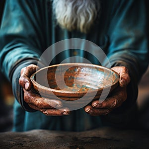 Impoverished hands cradle empty bowl, selective focus underlining hungers reality photo