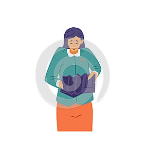 Impoverished poor woman in need of money, flat vector illustration isolated.