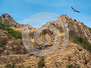 Impregnable ethnic village on the top of a mountain. Old abandoned ghost town of Gamsutl, Dagestan, Russia