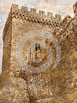 Impregnable fortress wall with a watchtower. High Medieval forti