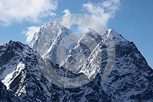 Impregnable rock summits covered with snow and ice, Himalaya, Nepal