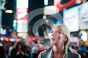 Impressed Woman in the Middle of Times Square