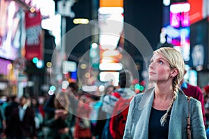 Impressed Woman in the Middle of Times Square
