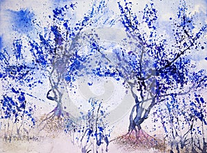 Impression of blue trees against a light blue sky.