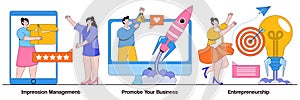 Impression management, promote your business, entrepreneurship concept with tiny people. Business success vector illustration set