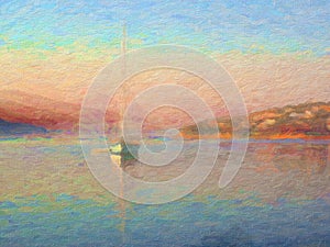 Impression Sunrise, Sail Boat in Bay, Oil Painting Style