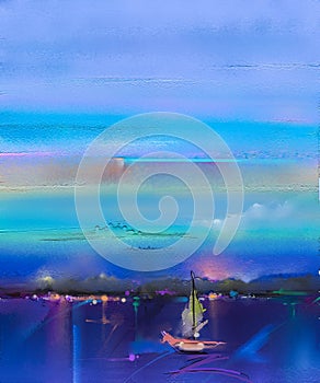 Impressionism image of seascape. Oil paintings with boat, sail on sea photo