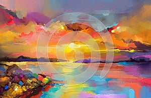 Impressionism image of seascape paintings with sunlight background