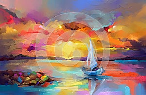 Impressionism image of seascape paintings with sunlight background. Modern art oil paintings with boat, sail on sea.