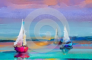 Impressionism image of seascape paintings with sunlight background. Modern art oil paintings with boat, sail on sea.