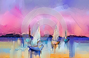 Impressionism image of seascape paintings with sunlight background. Modern art oil paintings with boat, sail on sea. photo