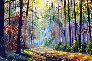 Autumn oil painting. Autumn forest with sunlight. Path in forest through trees with vivid colorful leaves.