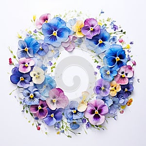 Impressionism Watercolor: Pansy Wreath On White Background