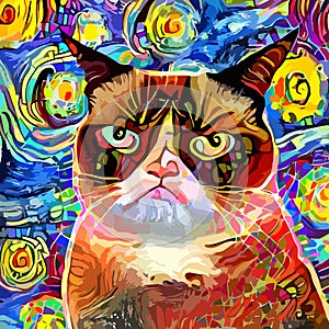 Impressionist Abstract Style Grumpy Cat Portrait photo