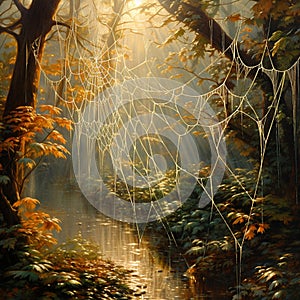 Impressionist artwork of Spiderwebs adorned with morning dew in a misty forest