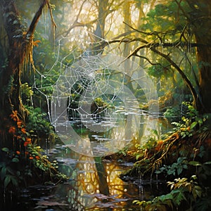 Impressionist artwork of Spiderwebs adorned with morning dew in a misty forest