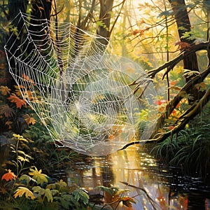 Impressionist artwork of Spiderwebs adorned with morning dew in a misty forest