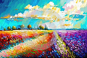 Impressionist Flower Field Landscape Oil Painting, Spring Colors