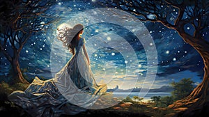 impressionist inspired woman at night under a sky full of stars