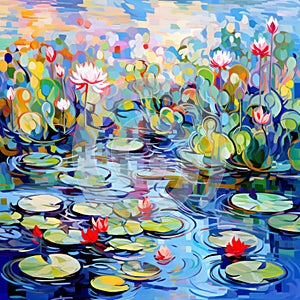 Impressionist Lilies Floating on a Vibrant Pond