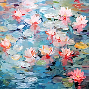 Impressionist Lilies Floating on a Vibrant Pond