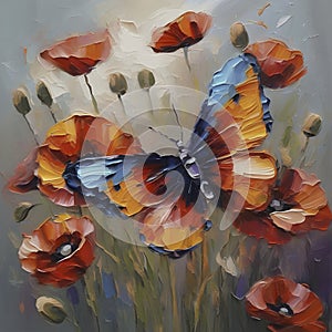 Impressionist oil painting of butterflies and flowers. photo