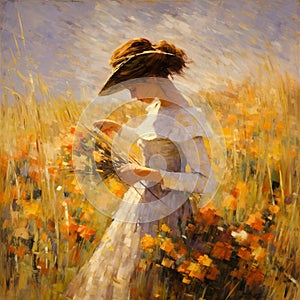 Impressionist Oil Painting Graceful Girl With Flowers In Field photo