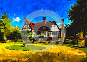 An impressionist oil painting style image of a country manor house