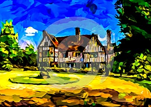 An impressionist oil painting style image of a country manor house