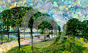 An impressionist oil painting style image of a landscape