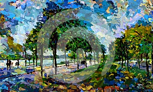 An impressionist oil painting style image of a landscape