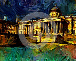 An impressionist oil painting style image of the National Gallery London