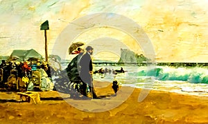 An impressionist oil painting style image of a seaside landscape