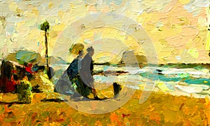 An impressionist oil painting style image of a seaside landscape