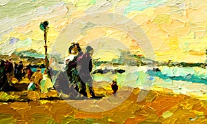 An impressionist oil painting style image of a seaside landscape