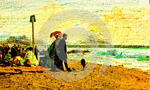 An impressionist oil painting style image of a seaside landscape