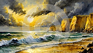 An impressionist oil painting style image of a seaside landscape