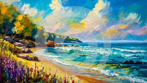 An impressionist oil painting style image of a seaside landscape