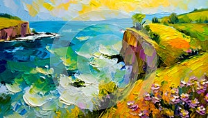 An impressionist oil painting style image of a seaside landscape