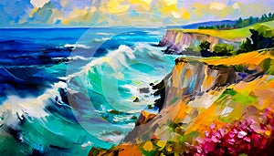 An impressionist oil painting style image of a seaside landscape