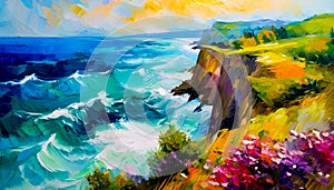 An impressionist oil painting style image of a seaside landscape photo