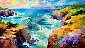 An impressionist oil painting style image of a seaside landscape photo