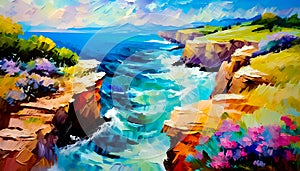 An impressionist oil painting style image of a seaside landscape photo