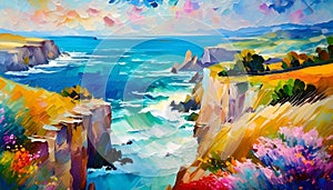 An impressionist oil painting style image of a seaside landscape photo