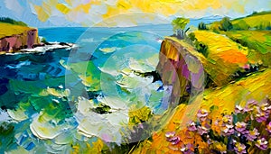 An impressionist oil painting style image of a seaside landscape photo