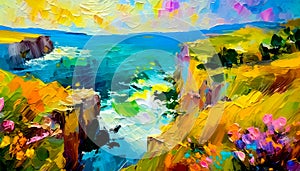 An impressionist oil painting style image of a seaside landscape photo