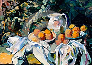 An impressionist oil painting style image of a still life